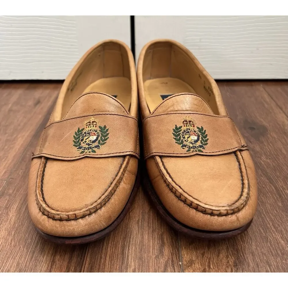 POLO RALPH LAUREN Men’s Vintage Camel Leather Embroidered Crest Loafers Sz 9.5D